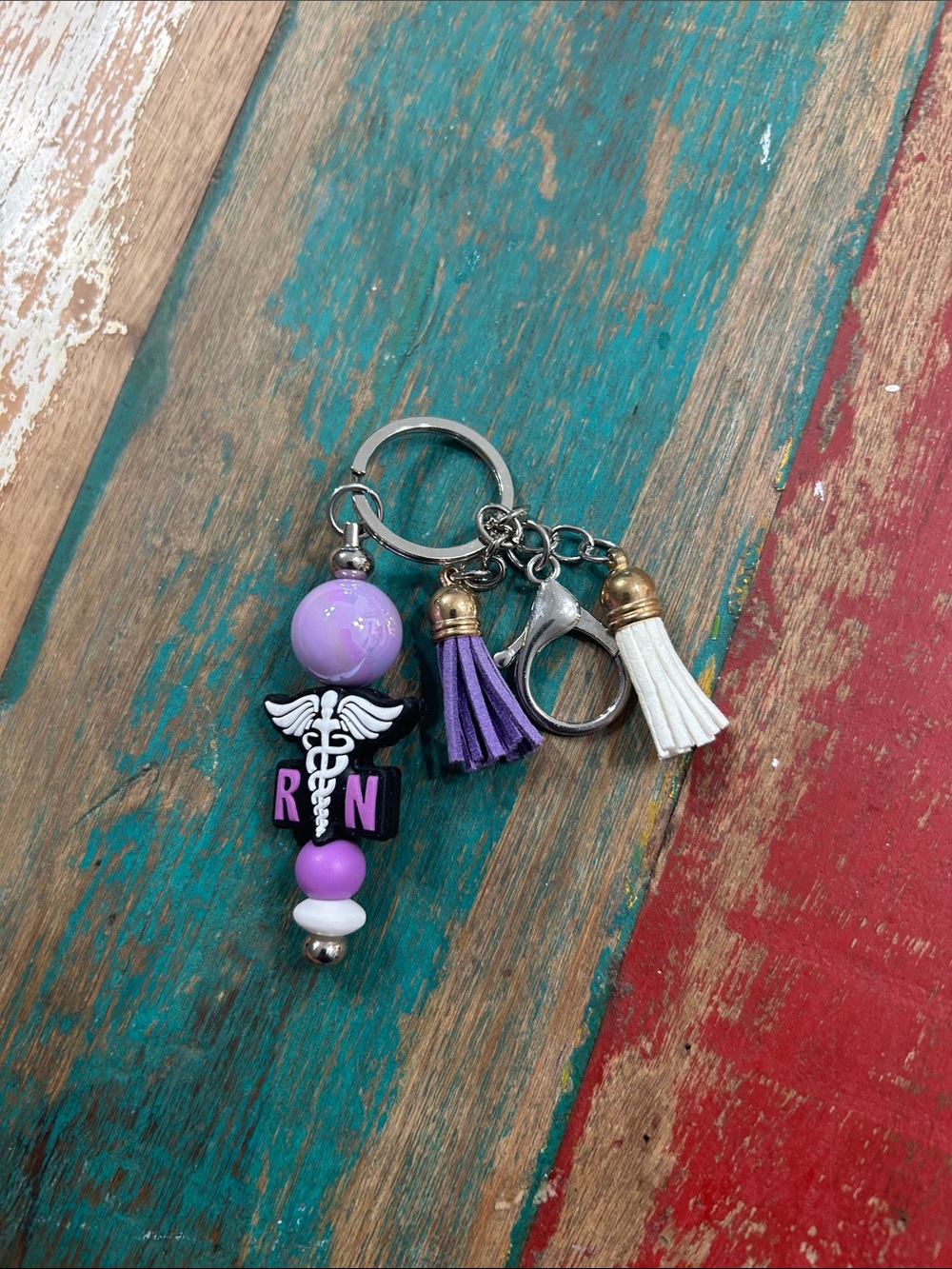 RN Caduceus Beaded Keychain with Purple and White Tassels